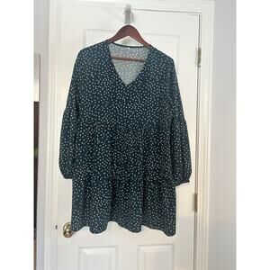 Green Polka Dot Tiered Babydoll Dress L Long Sleeve Cottagecore